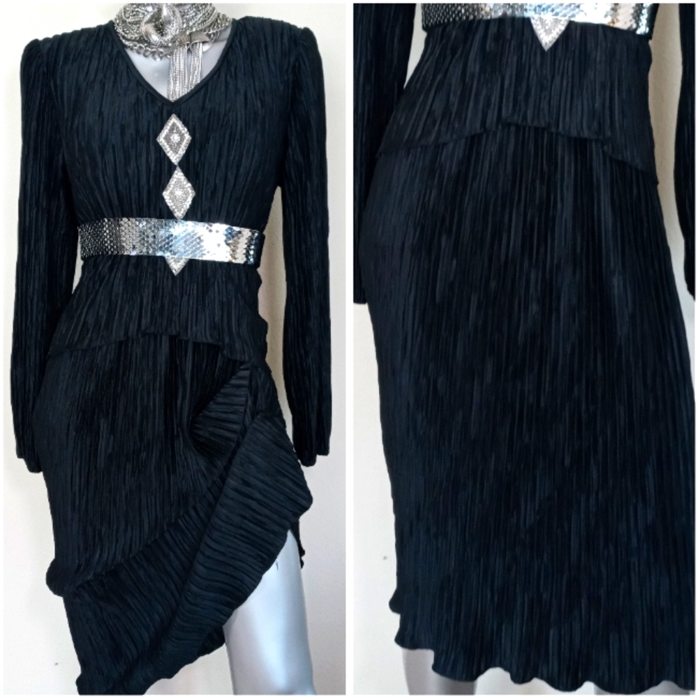 80S Accordion Pleat Grunge VinTage Midi Bedazzed Applique Cocktail Evening Dress